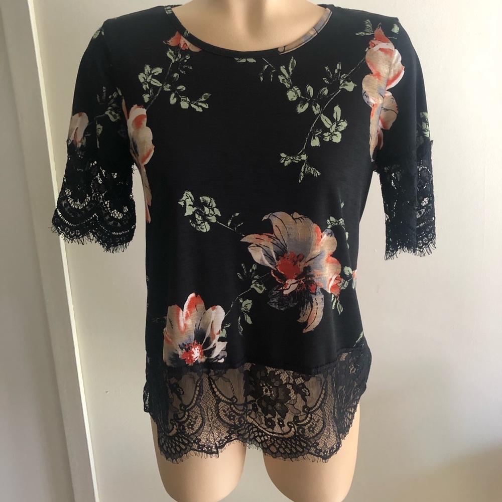 Black floral top with lace trim